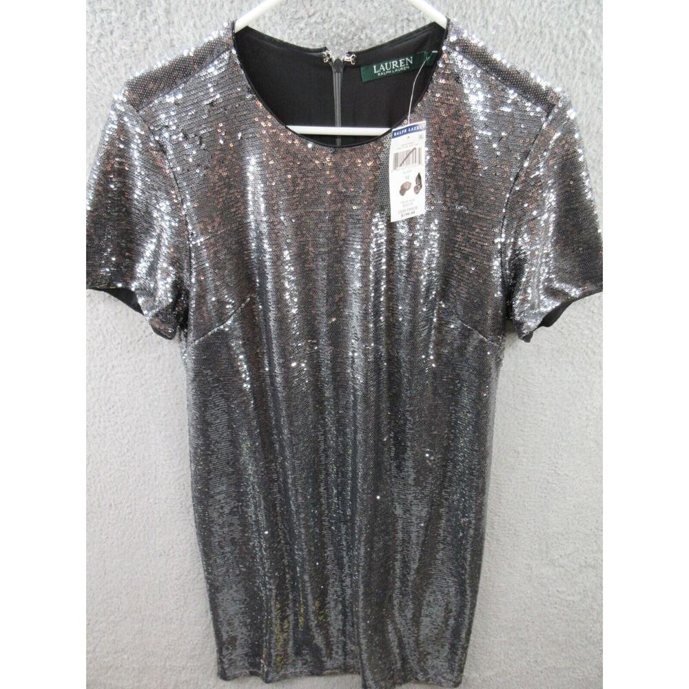 NWT Ralph Lauren Women Sz 12 Silver Sequined Party Cocktail Dress Round Neck - Picture 15 of 16
